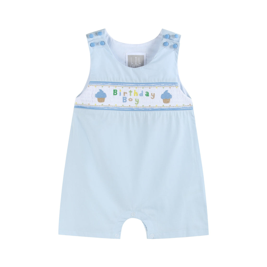 Blue Birthday Boy Smocked Shortalls - Lil Cactus