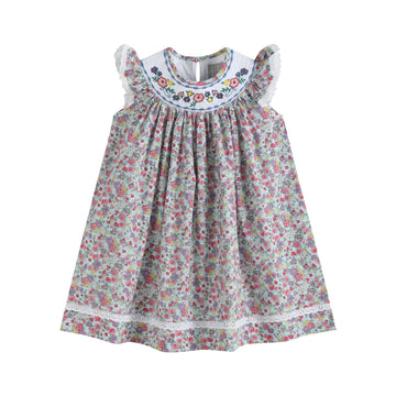 Blue Floral Print Flower Embroidered Smocked Bishop Dress - Lil Cactus