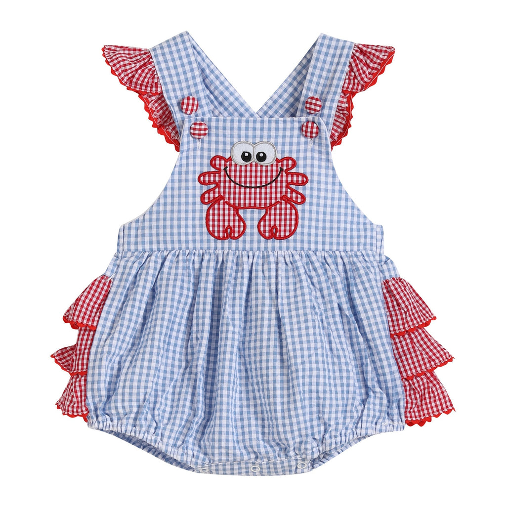 Blue Gingham Crab Ruffle Romper - Lil Cactus