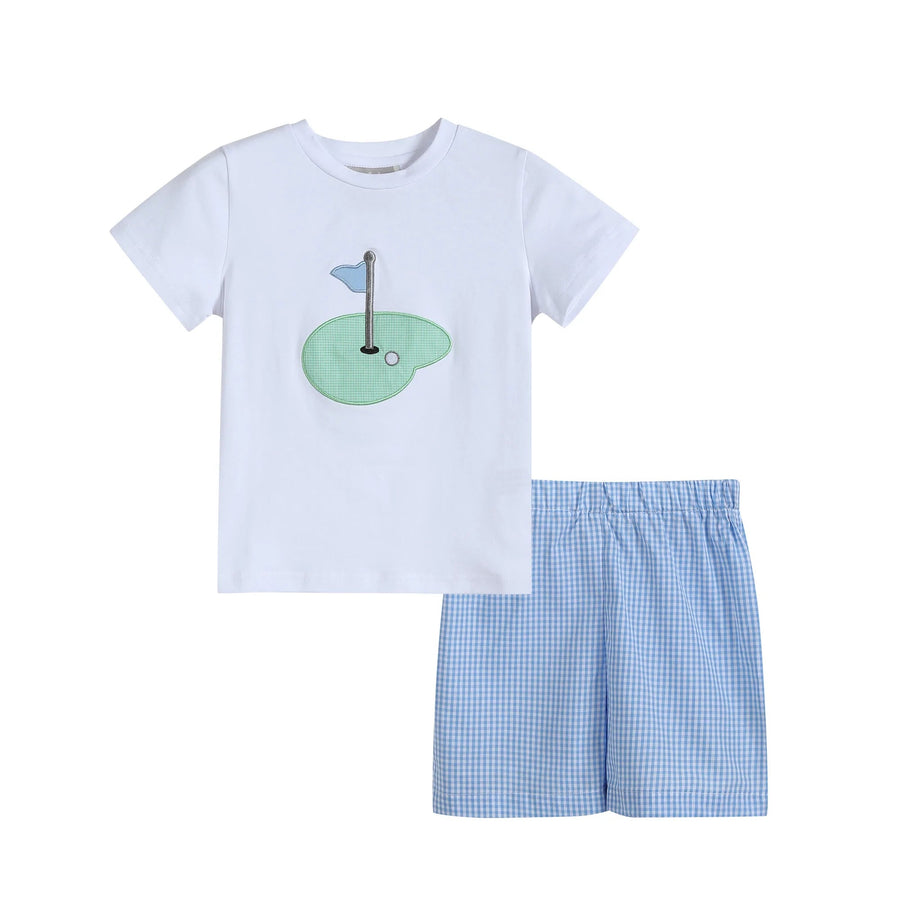 Blue Gingham Golf Hole Shirt and Boy Shorts Set - Lil Cactus
