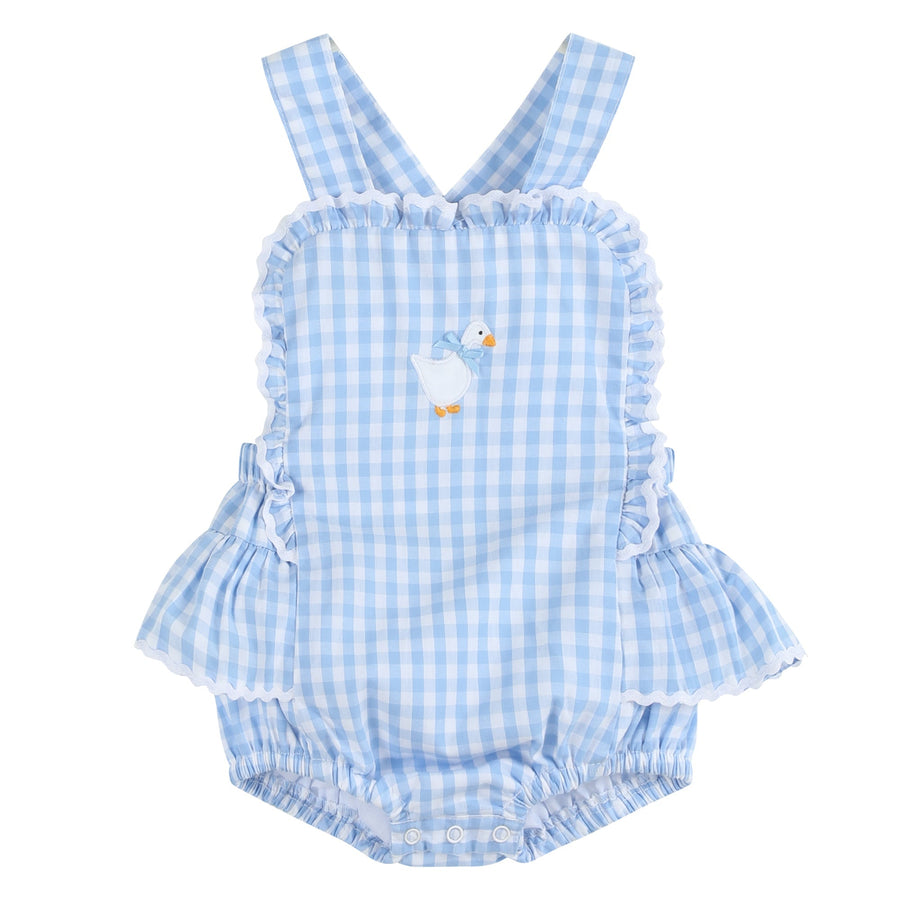 Blue Gingham Goose Lace Bow Ruffle Romper - Lil Cactus