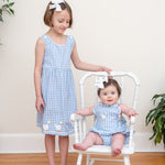 Blue Gingham Goose Lace Bow Ruffle Romper - Lil Cactus