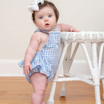 Blue Gingham Goose Lace Bow Ruffle Romper - Lil Cactus