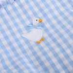 Blue Gingham Goose Lace Bow Ruffle Romper - Lil Cactus
