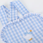 Blue Gingham Goose Lace Bow Ruffle Romper - Lil Cactus