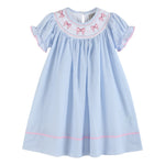 Blue Seersucker Bow Smocked Bishop Dress - Lil Cactus