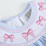 Blue Seersucker Bow Smocked Bishop Dress - Lil Cactus