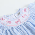 Blue Seersucker Bow Smocked Bishop Dress - Lil Cactus