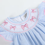 Blue Seersucker Bow Smocked Flutter Romper - Lil Cactus