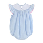 Blue Seersucker Bow Smocked Flutter Romper - Lil Cactus