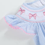 Blue Seersucker Bow Smocked Flutter Romper - Lil Cactus