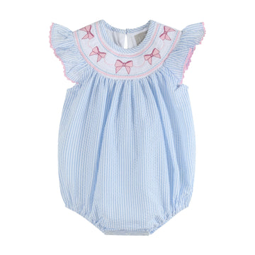Blue Seersucker Bow Smocked Flutter Romper - Lil Cactus