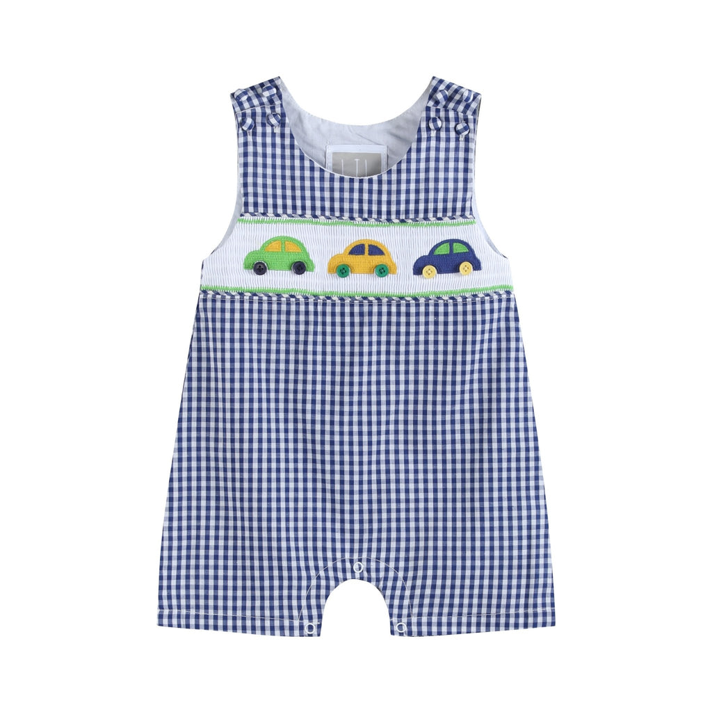 Blue Striped Car Smocked Shortalls - Lil Cactus