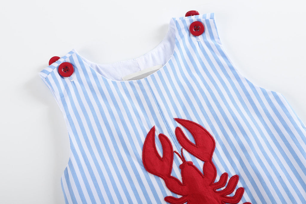 Blue Striped Crawfish Applique Shortalls - Lil Cactus
