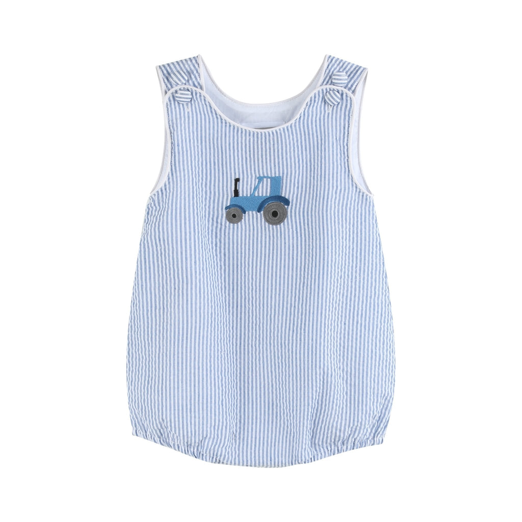 Dark Blue Tractor Seersucker Bubble Romper - Lil Cactus
