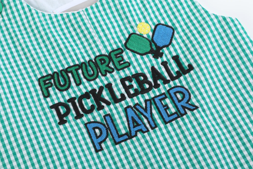 Future Pickleball Player Green Gingham Romper - Lil Cactus