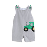 Gray Gingham Green Tractor Applique Shortalls - Lil Cactus
