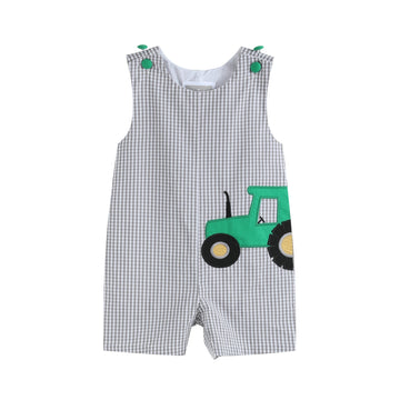 Gray Gingham Green Tractor Applique Shortalls - Lil Cactus