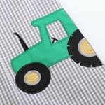 Gray Gingham Green Tractor Applique Shortalls - Lil Cactus