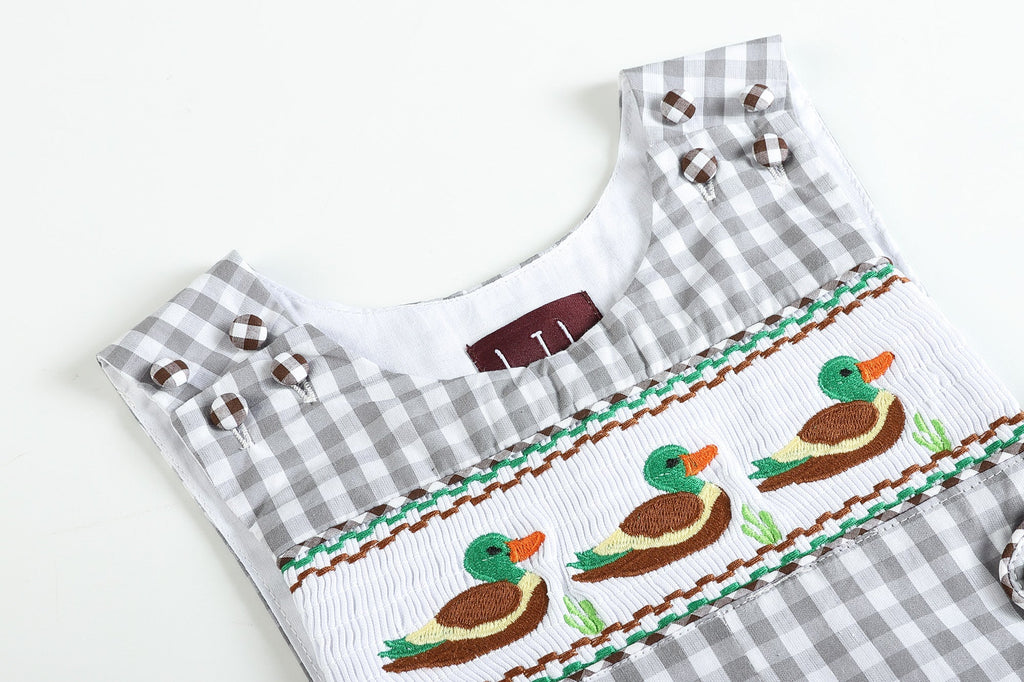 Gray Gingham Mallard Smocked Overalls - Lil Cactus