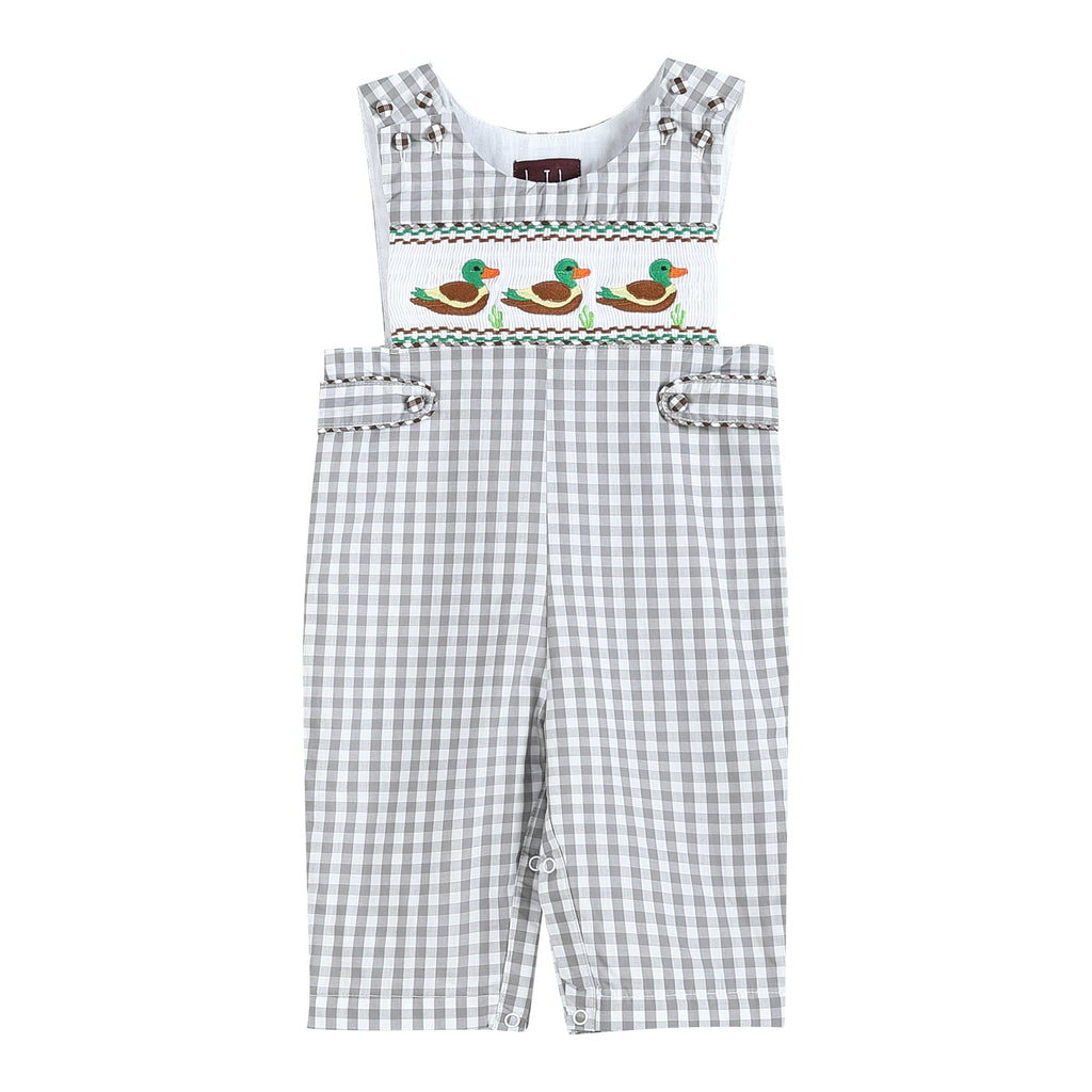 Gray Gingham Mallard Smocked Overalls - Lil Cactus