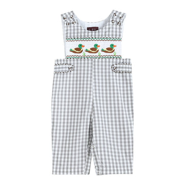 Gray Gingham Mallard Smocked Overalls - Lil Cactus
