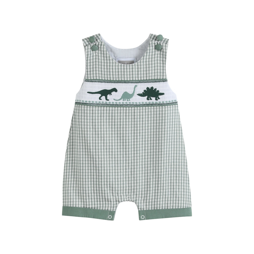 Green Gingham Dinosaur Smocked Shortalls - Lil Cactus
