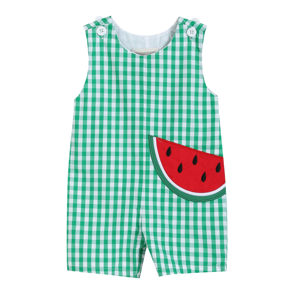 Green Gingham Watermelon Applique Overalls - Lil Cactus