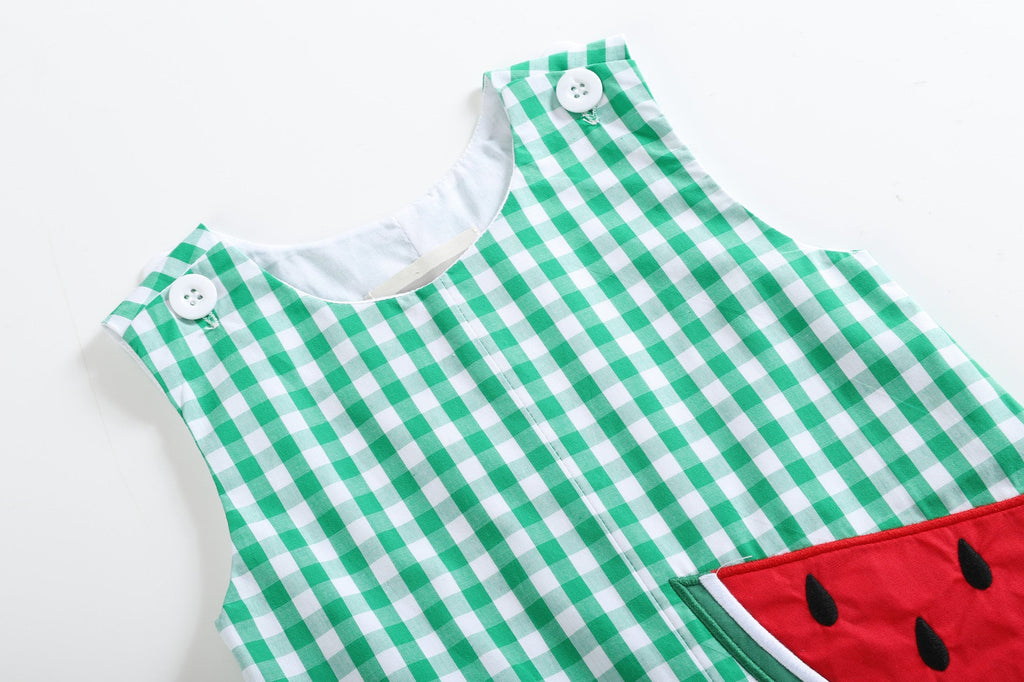 Green Gingham Watermelon Applique Overalls - Lil Cactus