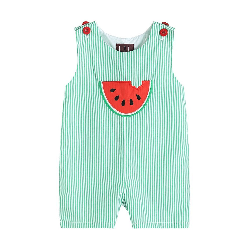Green Stripe Watermelon Applique Shortalls - Lil Cactus