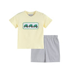 Green Tractor Smocked T-Shirt and Gray Gingham Shorts Set - Lil Cactus