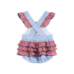 Light Blue and Red Gingham USA Flag Ruffle Romper - Lil Cactus