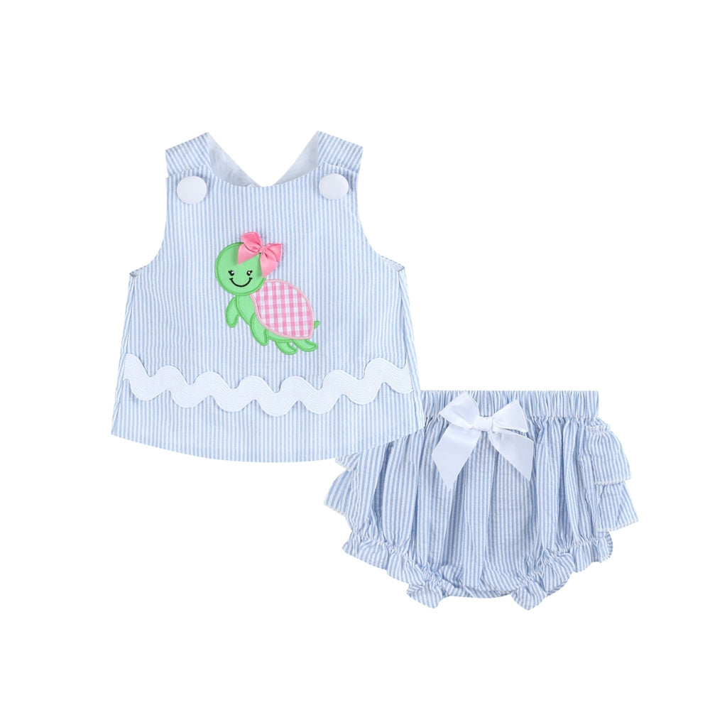 Light Blue Seersucker Turtle 2pc Bloomer Set - Lil Cactus
