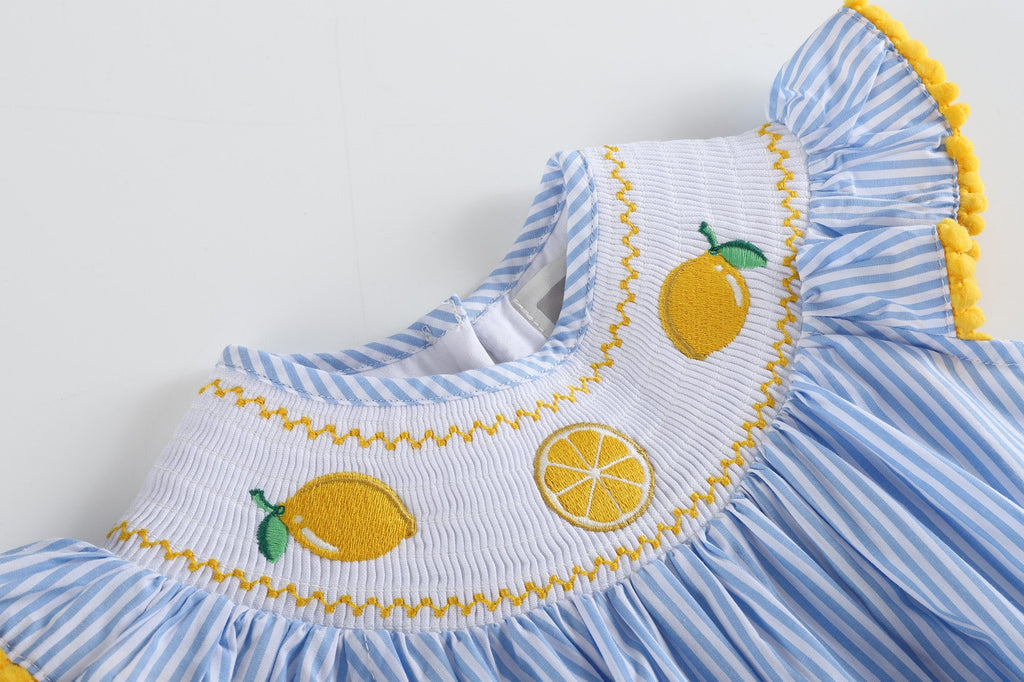 Light Blue Striped Lemons Smocked Ruffle Romper - Lil Cactus