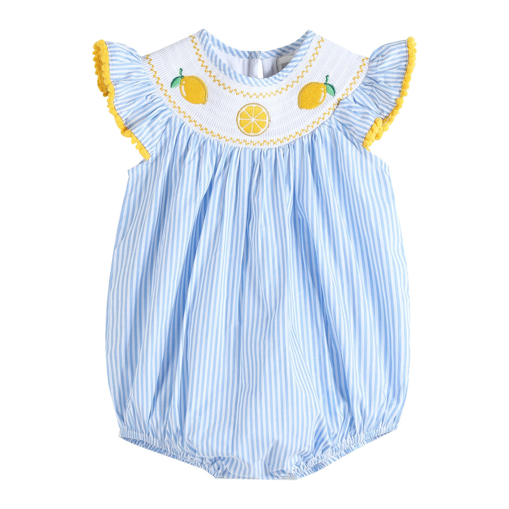 Light Blue Striped Lemons Smocked Ruffle Romper - Lil Cactus