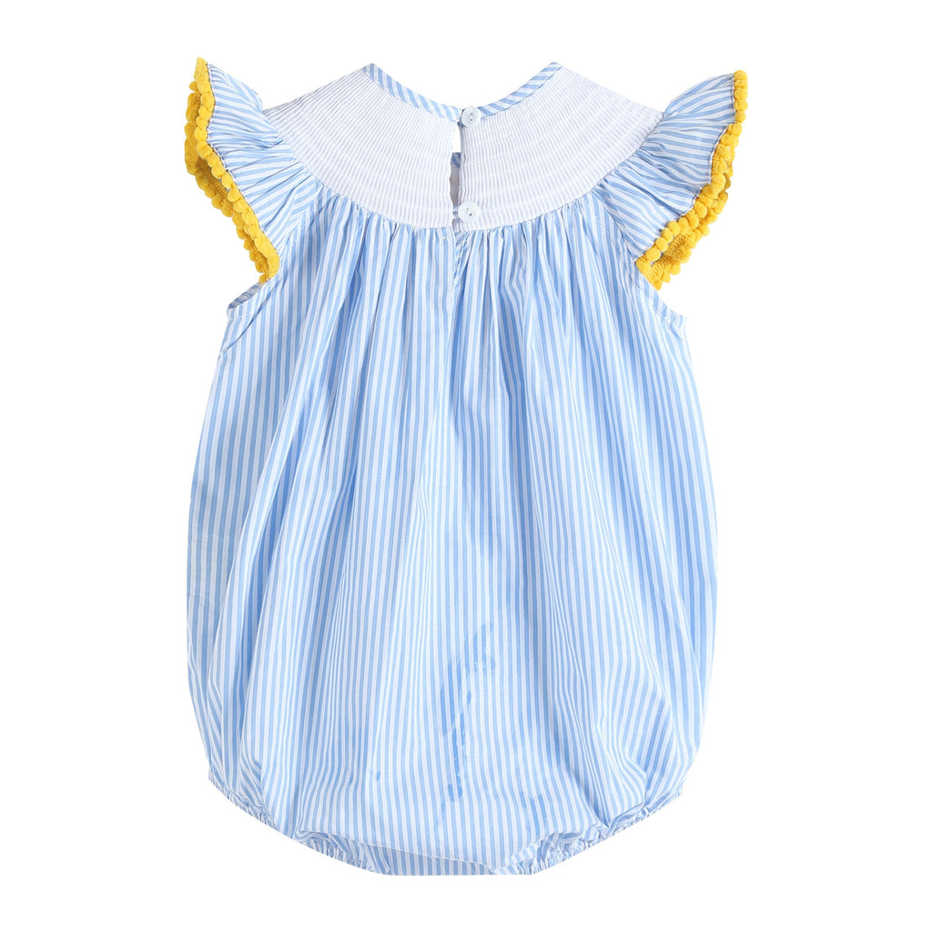 Light Blue Striped Lemons Smocked Ruffle Romper - Lil Cactus