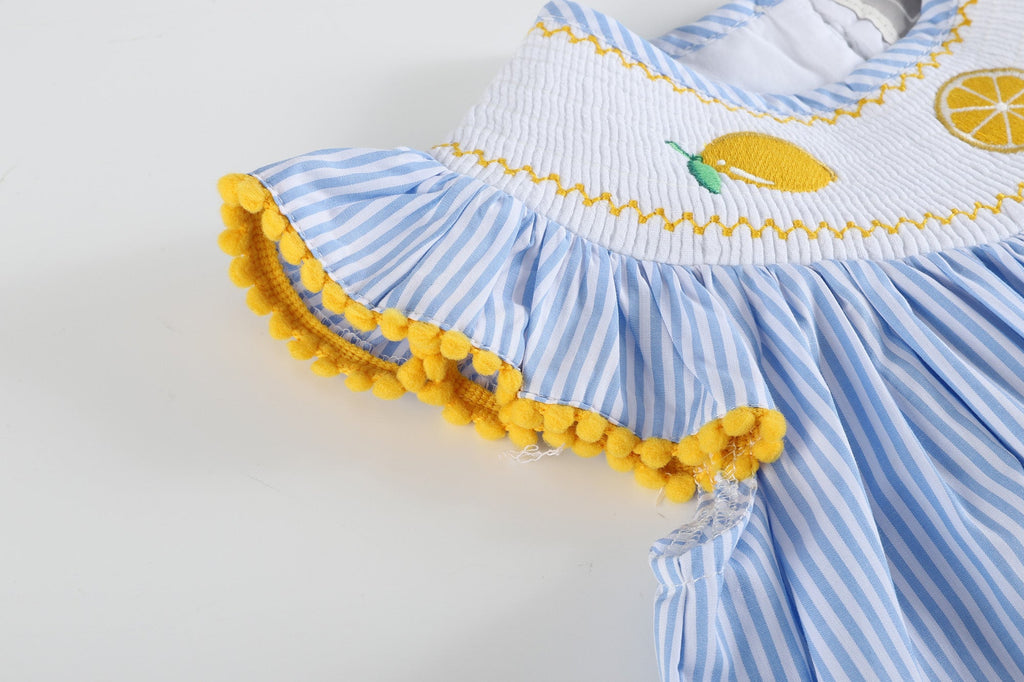 Light Bue Striped Lemons Smocked Bishop Dress - Lil Cactus