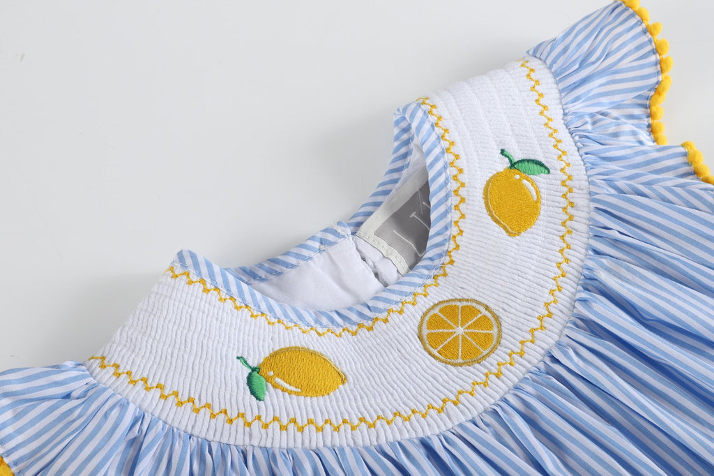 Light Bue Striped Lemons Smocked Bishop Dress - Lil Cactus