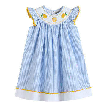 Light Bue Striped Lemons Smocked Bishop Dress - Lil Cactus