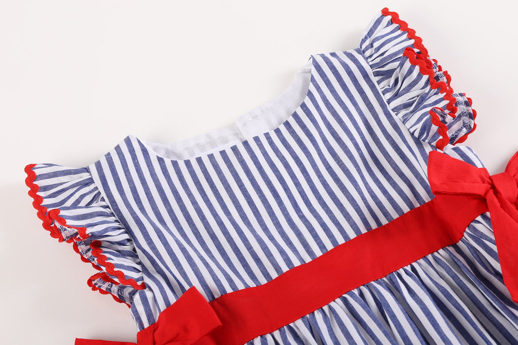 Navy Blue Stripe and Red Ruffle Bow Dress - Lil Cactus
