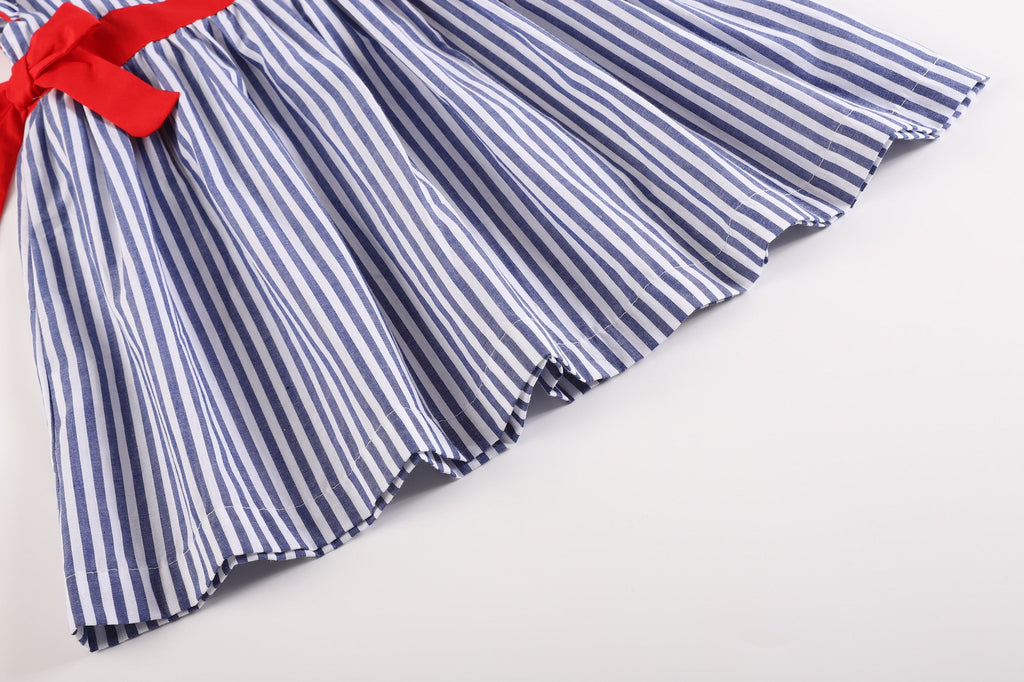 Navy Blue Stripe and Red Ruffle Bow Dress - Lil Cactus
