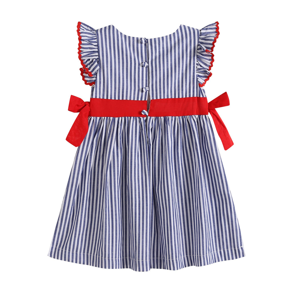 Navy Blue Stripe and Red Ruffle Bow Dress - Lil Cactus