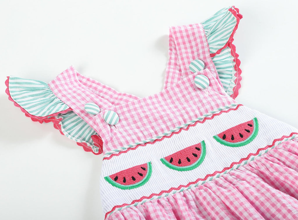 Pink and Green Watermelon Smocked Bubble Ruffle Romper - Lil Cactus