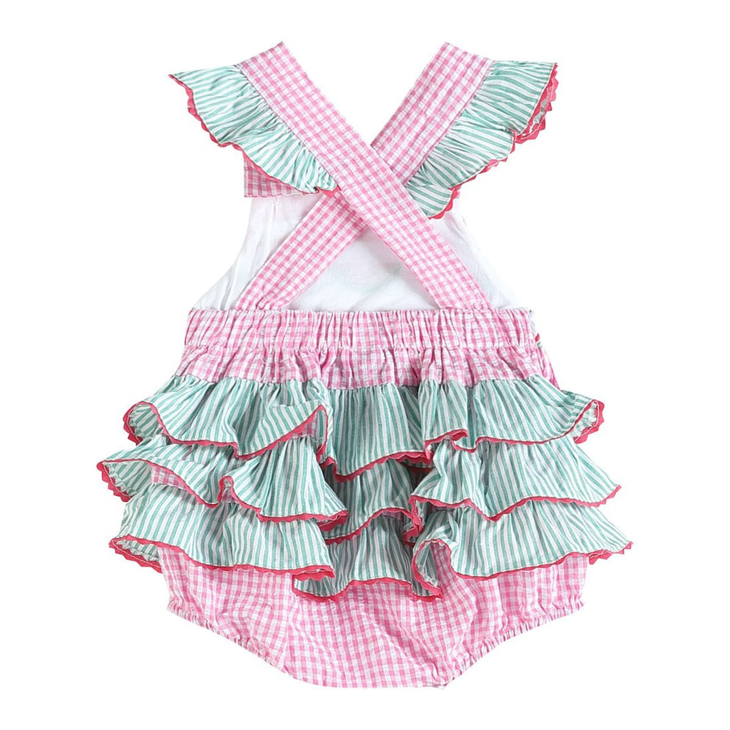 Pink and Green Watermelon Smocked Bubble Ruffle Romper - Lil Cactus