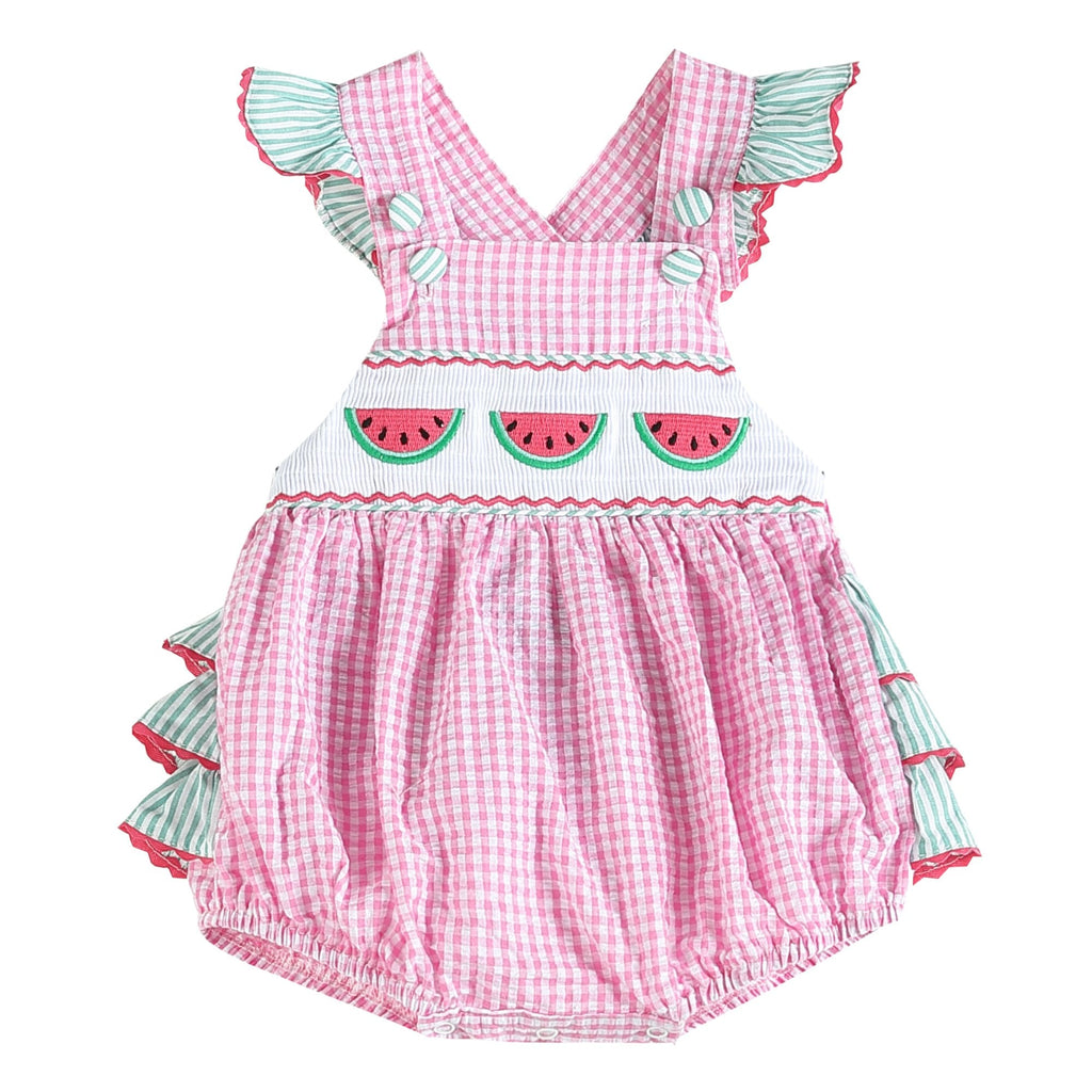 Pink and Green Watermelon Smocked Bubble Ruffle Romper - Lil Cactus