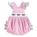 Pink and Green Watermelon Smocked Bubble Ruffle Romper - Lil Cactus