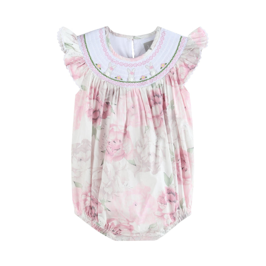 Pink and White Peony Bunny Smocked Flutter Romper - Lil Cactus