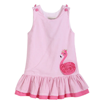 Pink Seersucker Flamingo Ruffle Dress - Lil Cactus