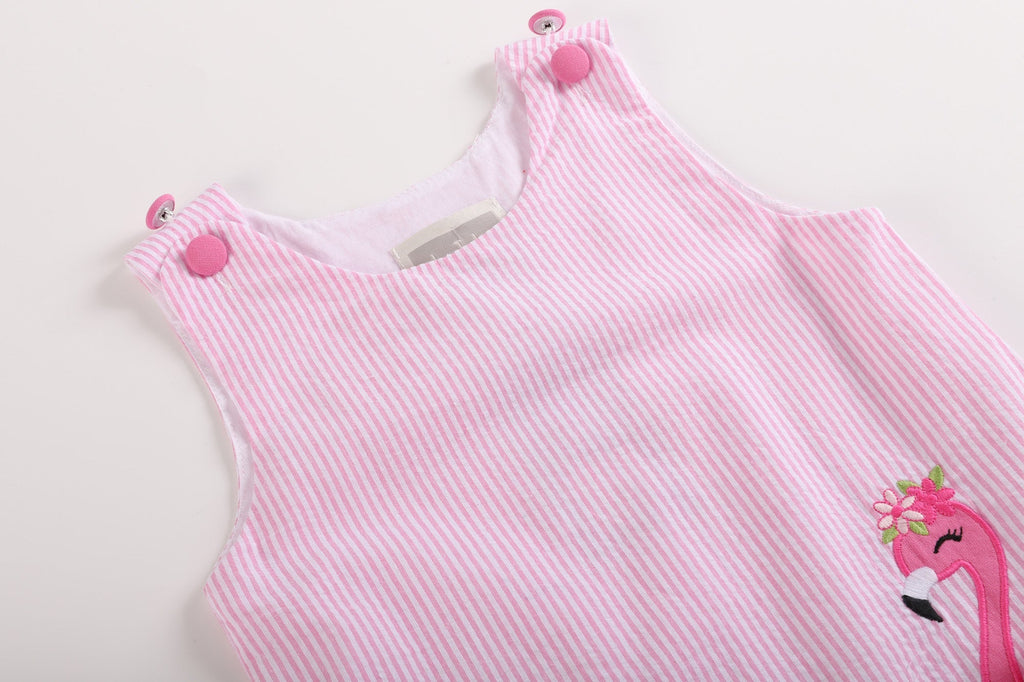 Pink Seersucker Flamingo Ruffle Dress - Lil Cactus