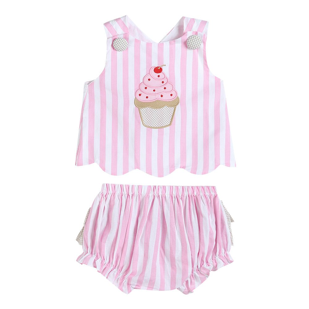 Pink Stripe Cupcake Applique Top & Bloomer Set - Lil Cactus